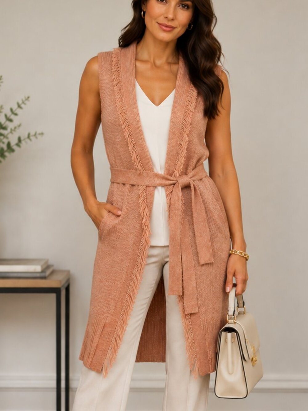 Tahari Plus Size 1X Tan Fringe Duster Cardigan Belted Cozy Open Front Sweater